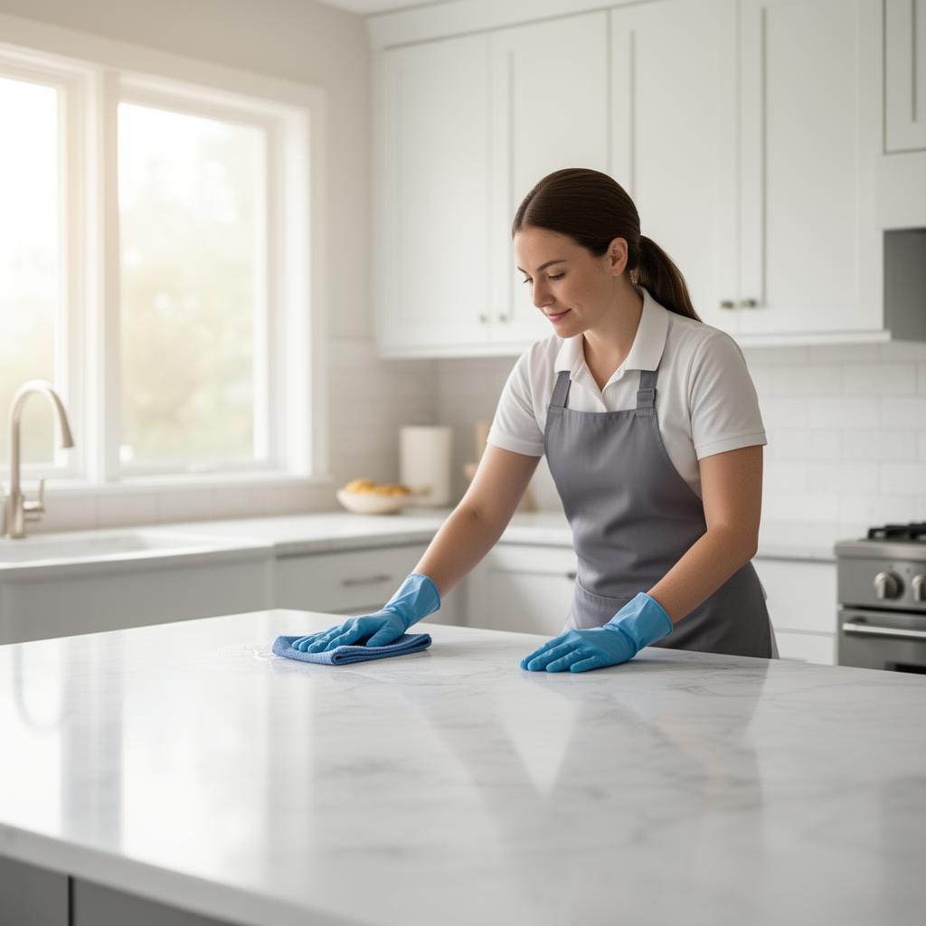 Cleaner wiping a bright kitchen counter